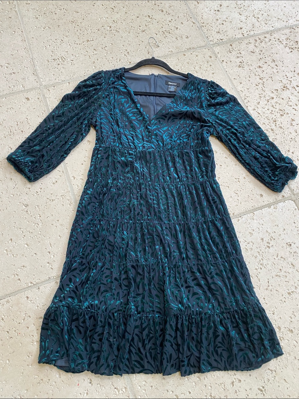 DKNY Teal and Black Velvet Burnout V-Neck Midi Dress with Puff Sleeves
